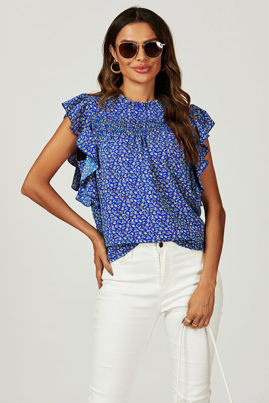 Relaxed Floral Print Frill Hem Blouse Top In Blue