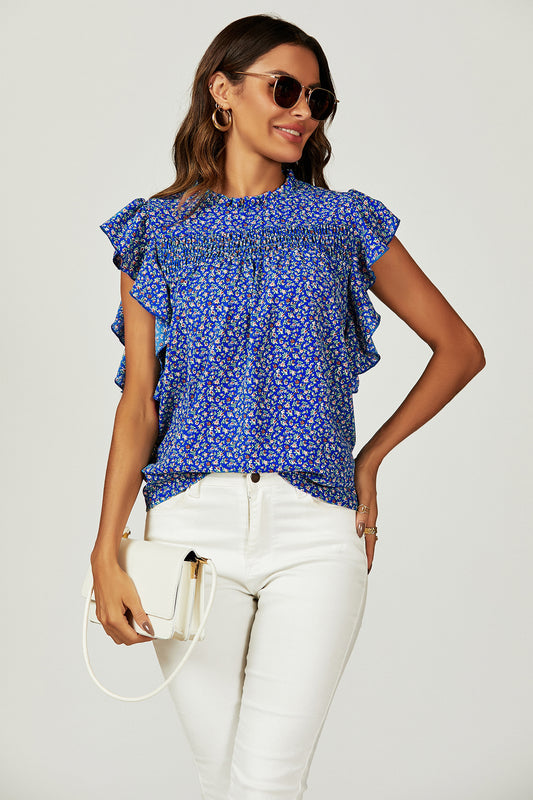 Relaxed Floral Print Frill Hem Blouse Top In Blue