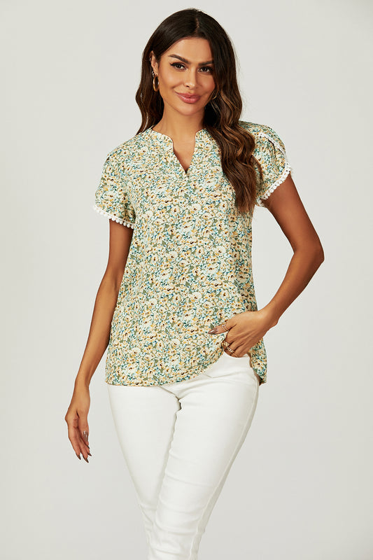 Floral Print Lace Trim Short Sleeve Blouse Top In Green