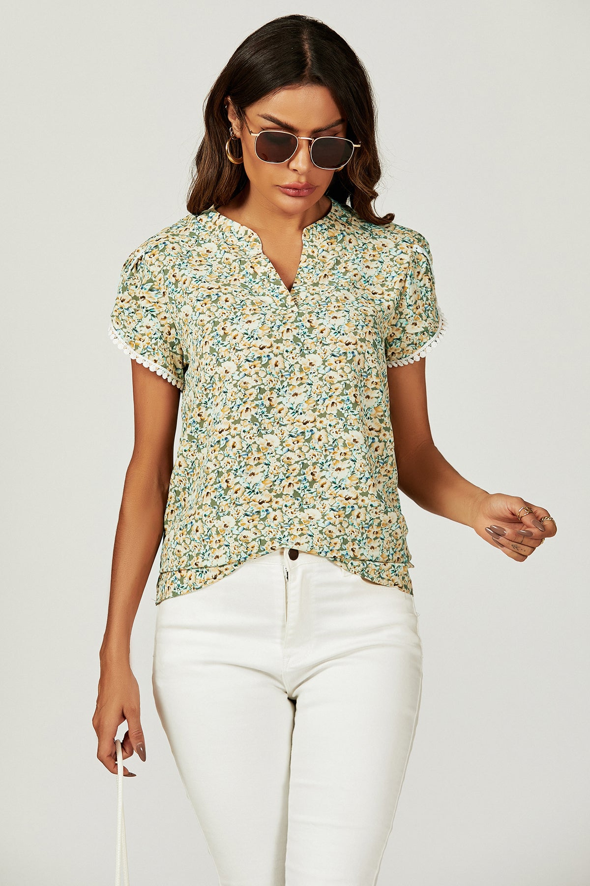 Floral Print Lace Trim Short Sleeve Blouse Top In Green