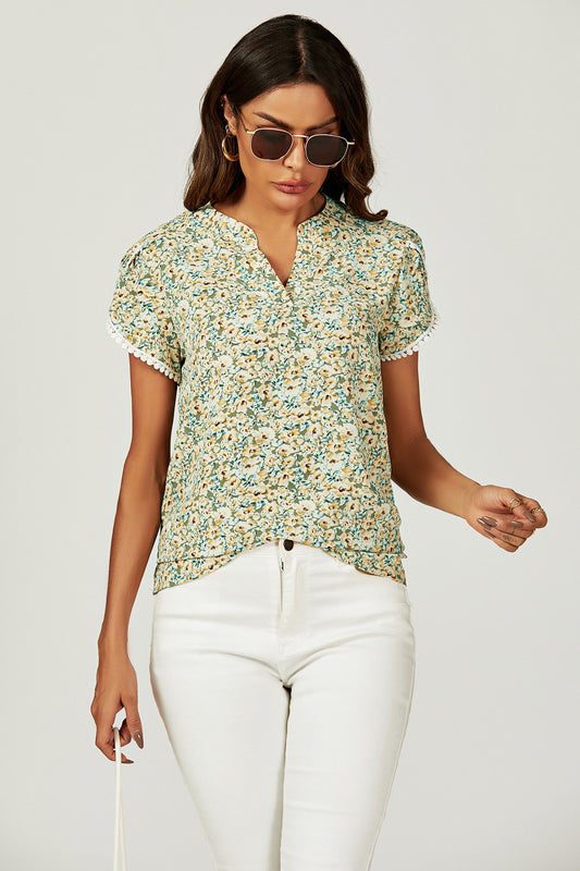 Floral Print Lace Trim Short Sleeve Blouse Top In Green