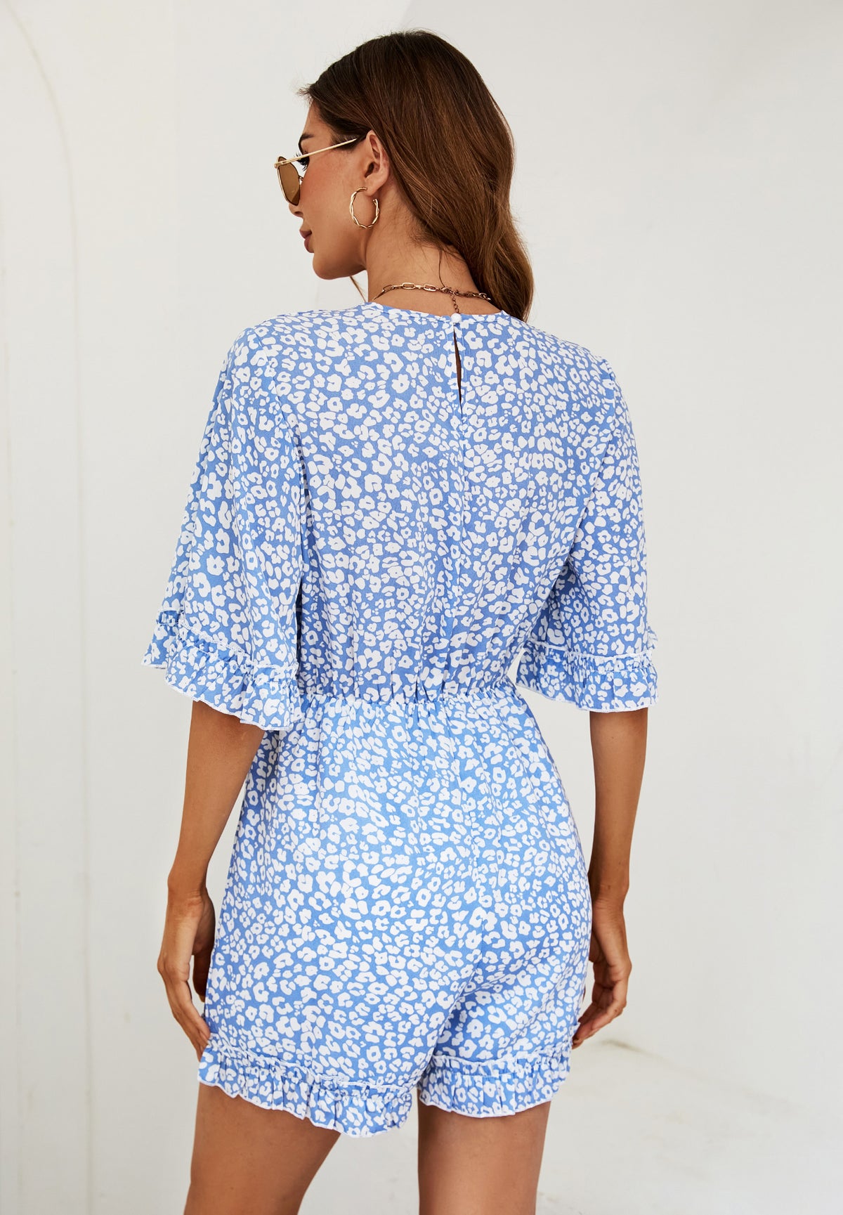 Leopard Print Frill Trim Wrap Top Playsuit In Blue