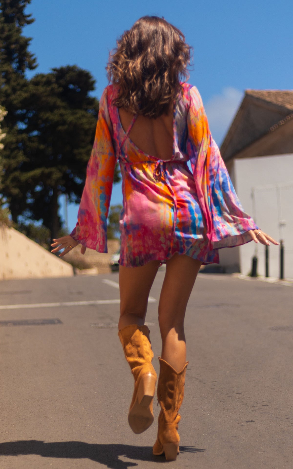 Tie Dye Short Tunic Backless Dress