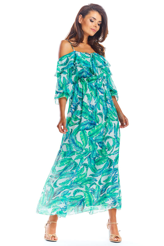 Cold Shoulder Maxi Dress in Green Floral Print