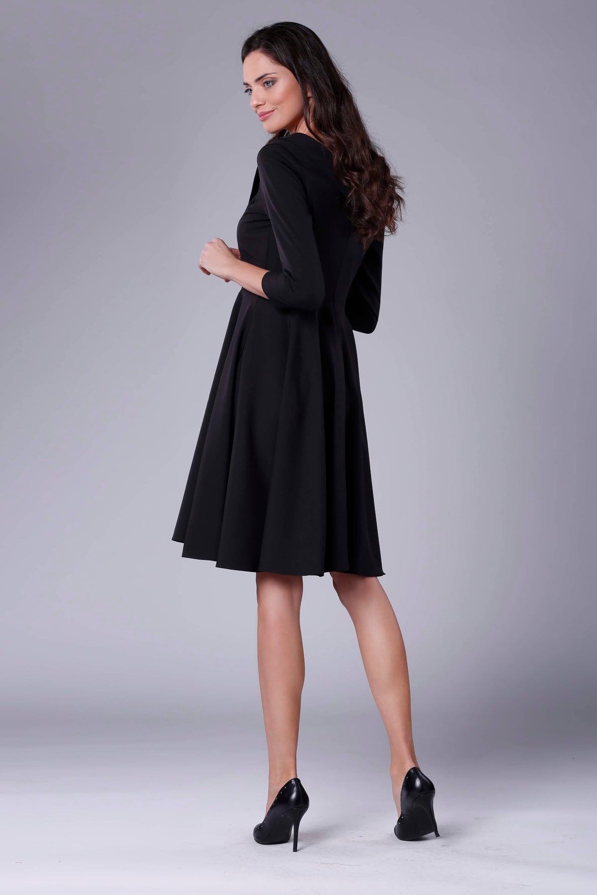 Black 3/4 Sleeves Flared Dress