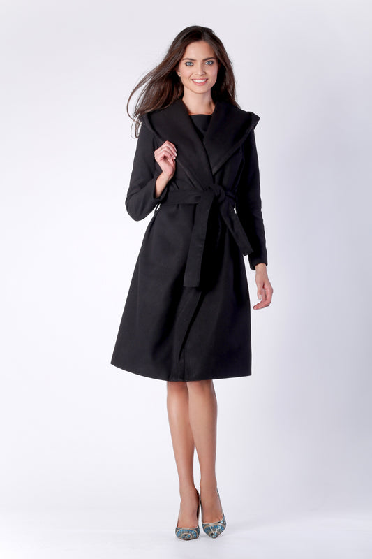 Hooded Coat with Belt in Black