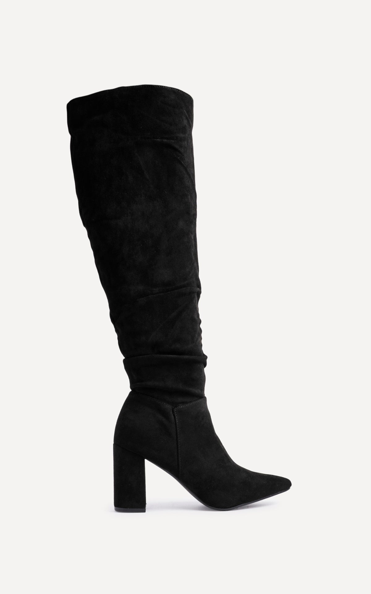 Bonnie Knee High Ruched Boots in Black Suede