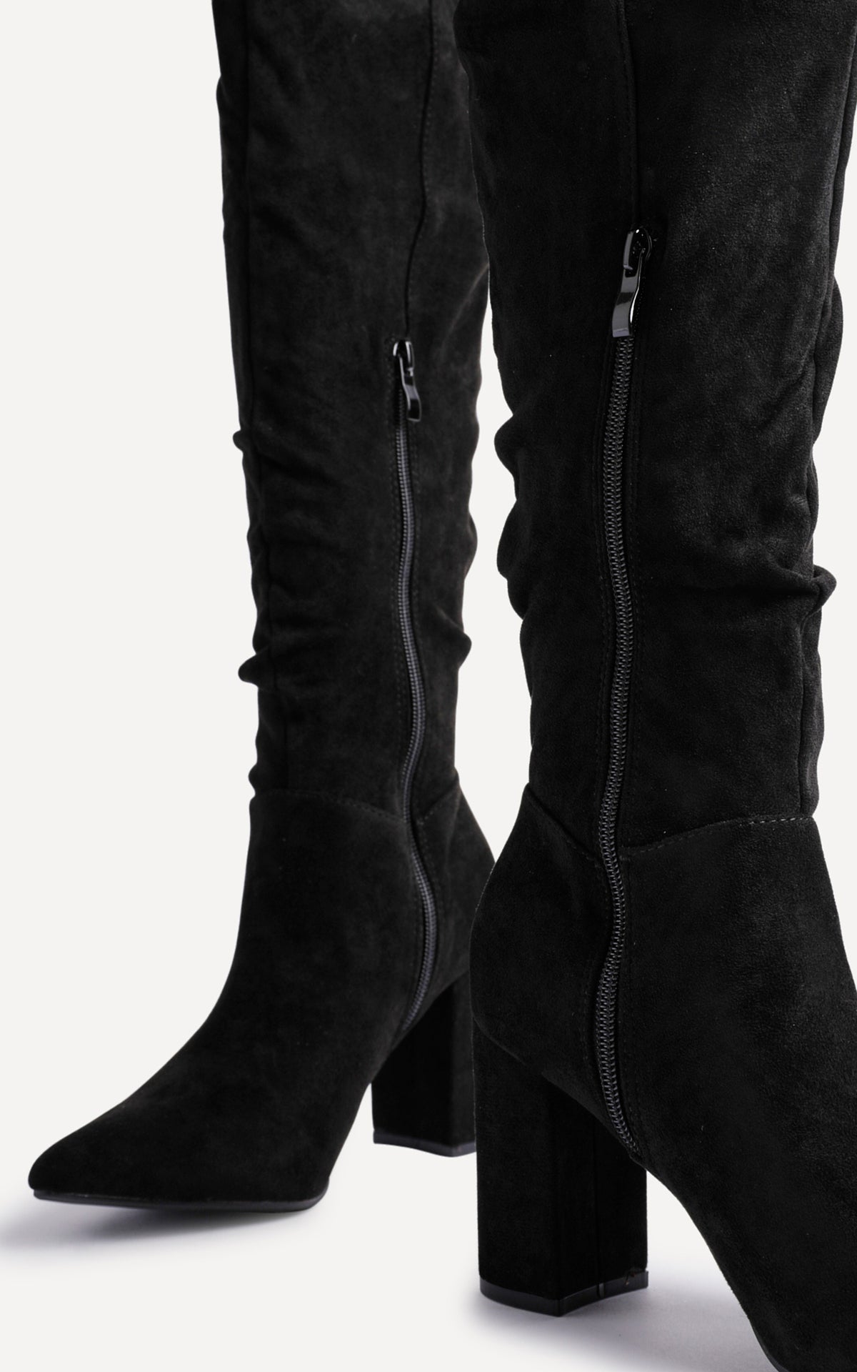 Bonnie Knee High Ruched Boots in Black Suede