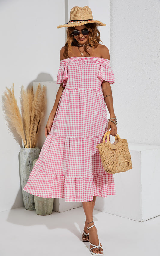 Relaxed Off Shoulder Bardot Frill Midi Dress In Pink
