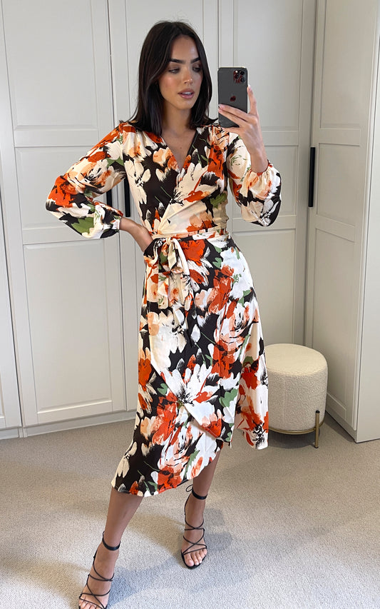 Multicolour floral print long sleeves wrap dress with belt fastening