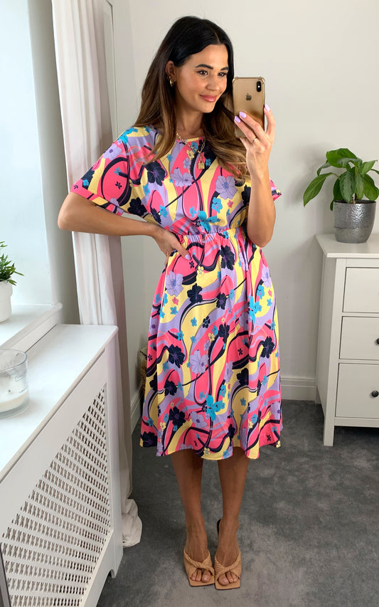Multicolour print midi dress with back cut-out details and tie bow