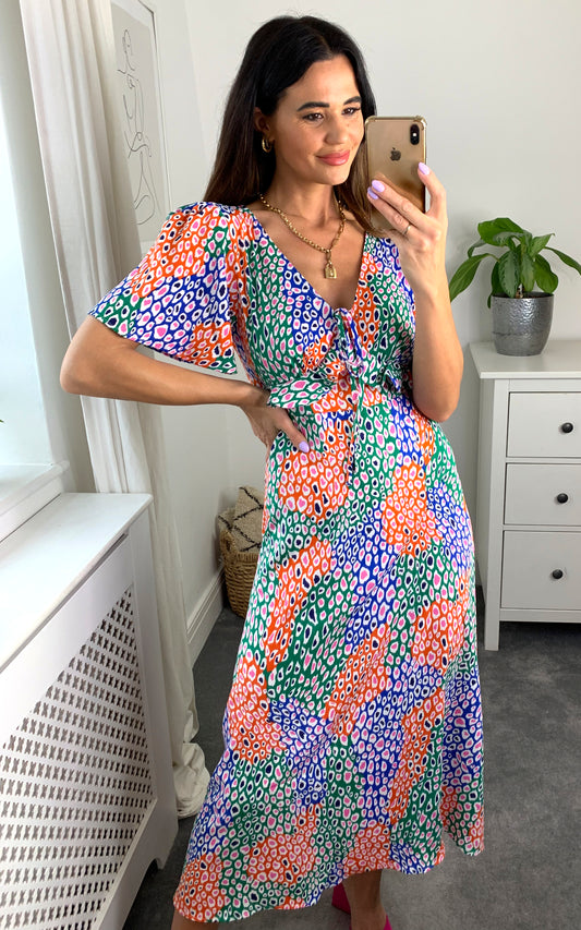 Multicoloured V-neck maxi dress with frill detail in leopard print