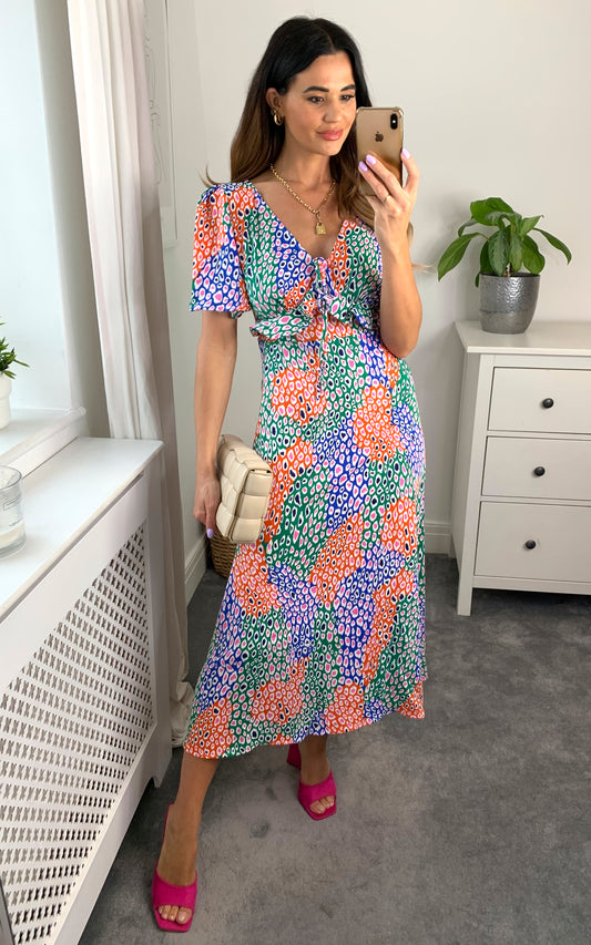 Multicoloured V-neck maxi dress with frill detail in leopard print