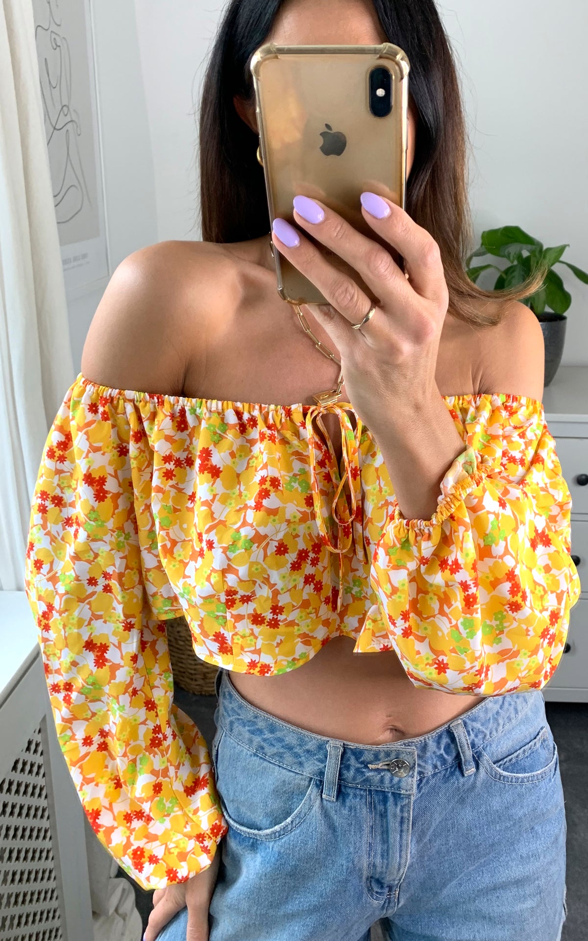 Floral print bardot top with long sleeves and front bow tie in yellow