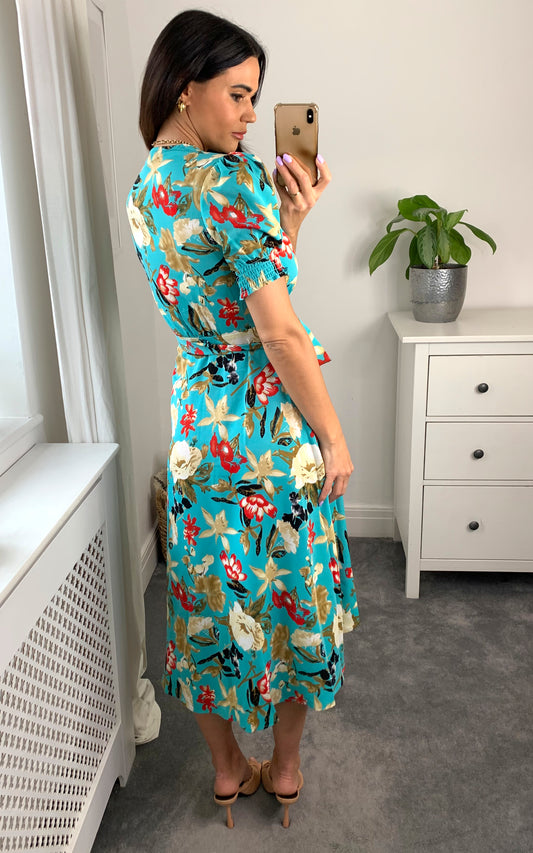 Floral print smocked short sleeves midi wrap dress in cyan