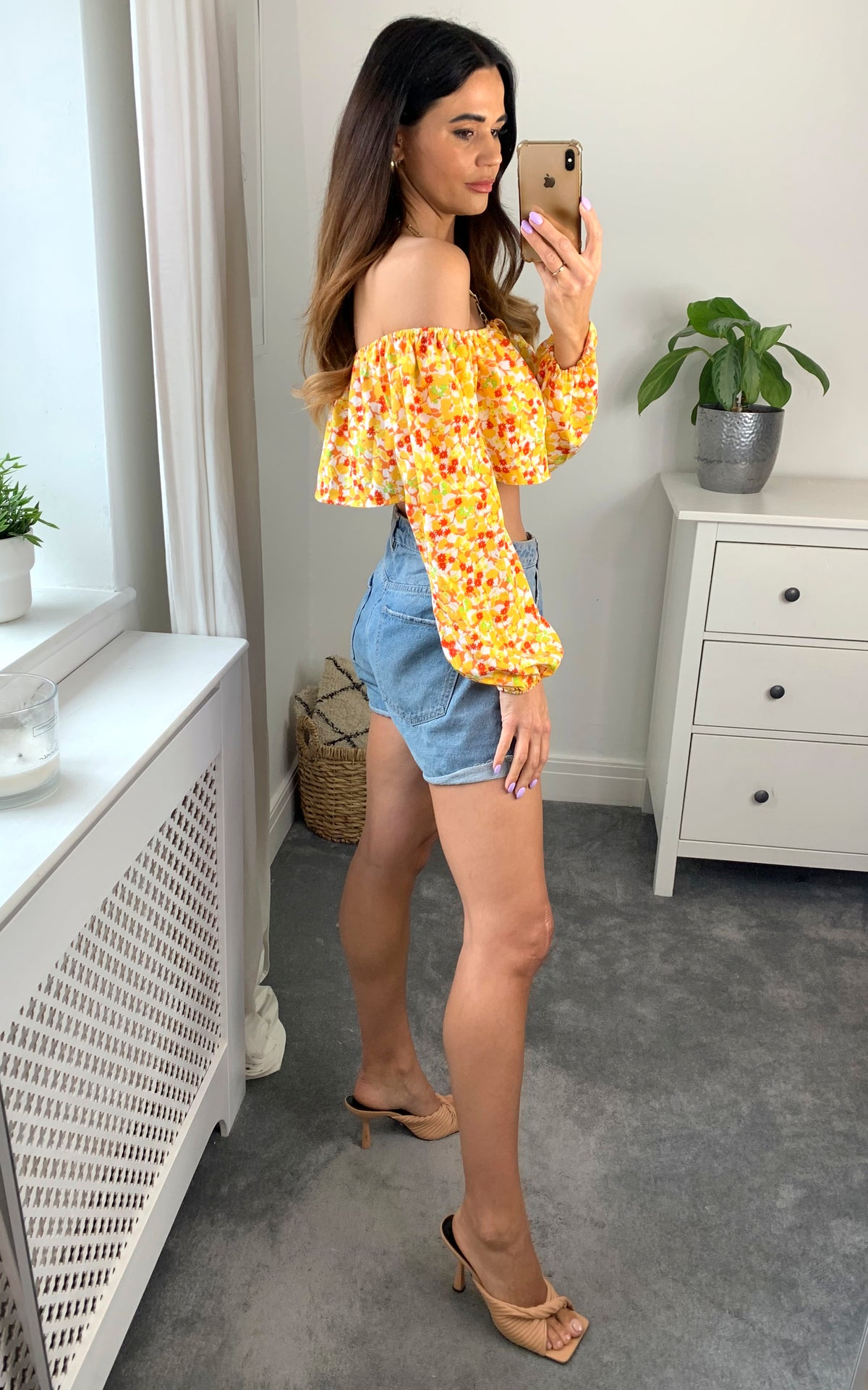 Floral print bardot top with long sleeves and front bow tie in yellow