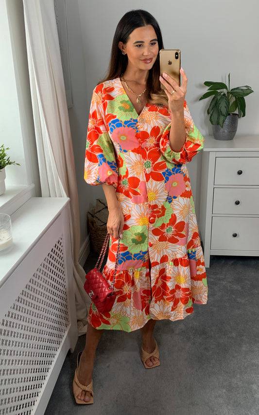 V neck button down multicolour floral midi dress