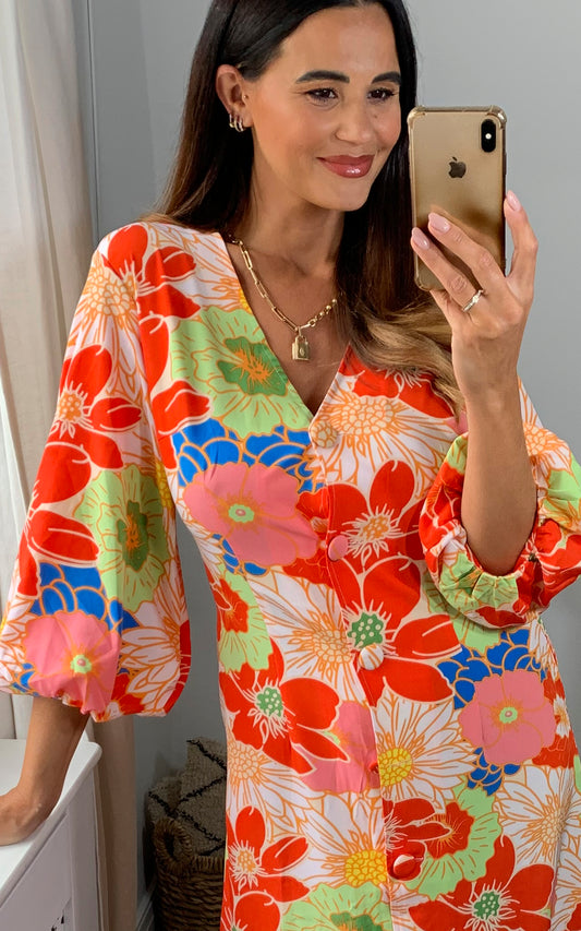 V neck button down multicolour floral midi dress