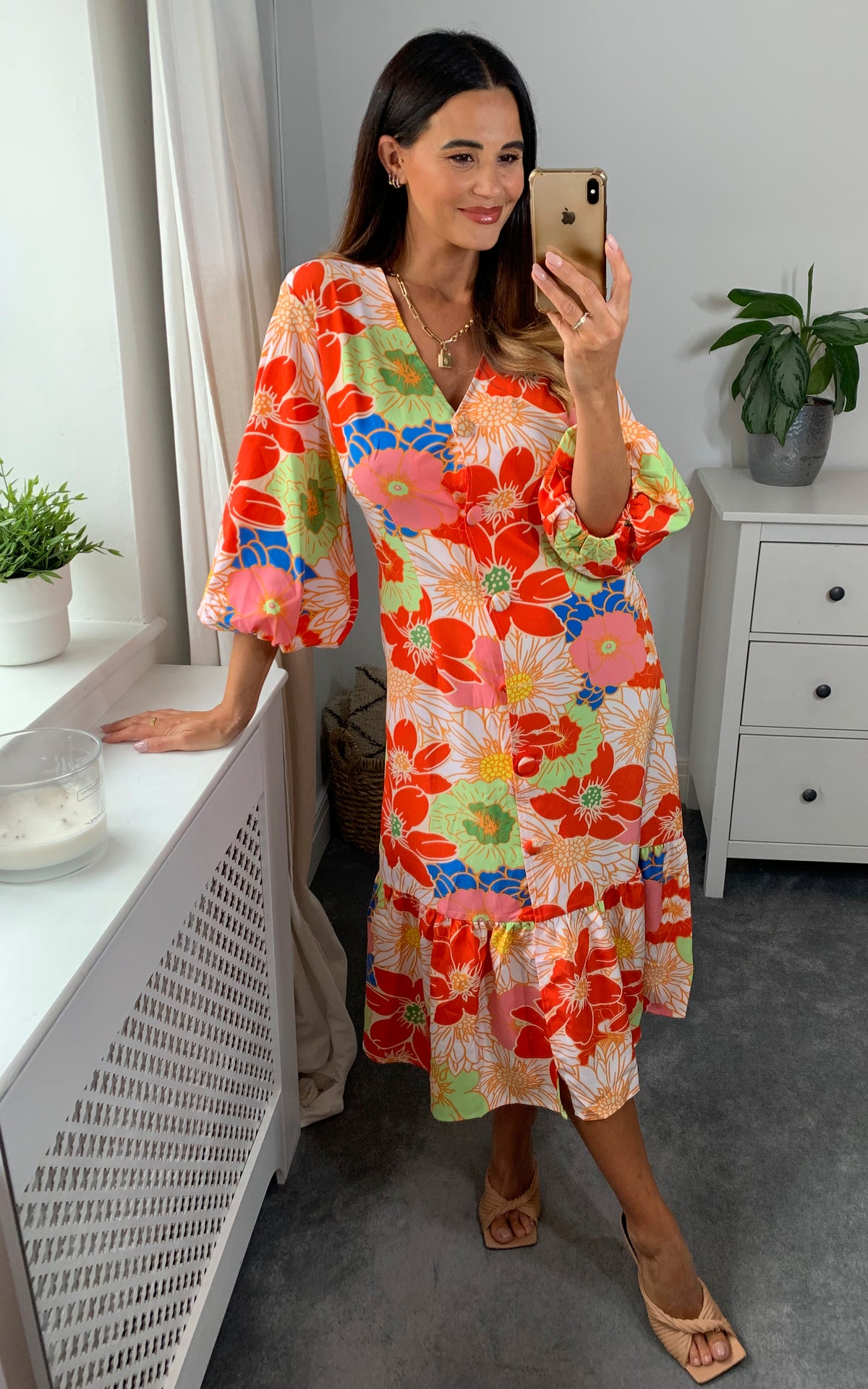 V neck button down multicolour floral midi dress