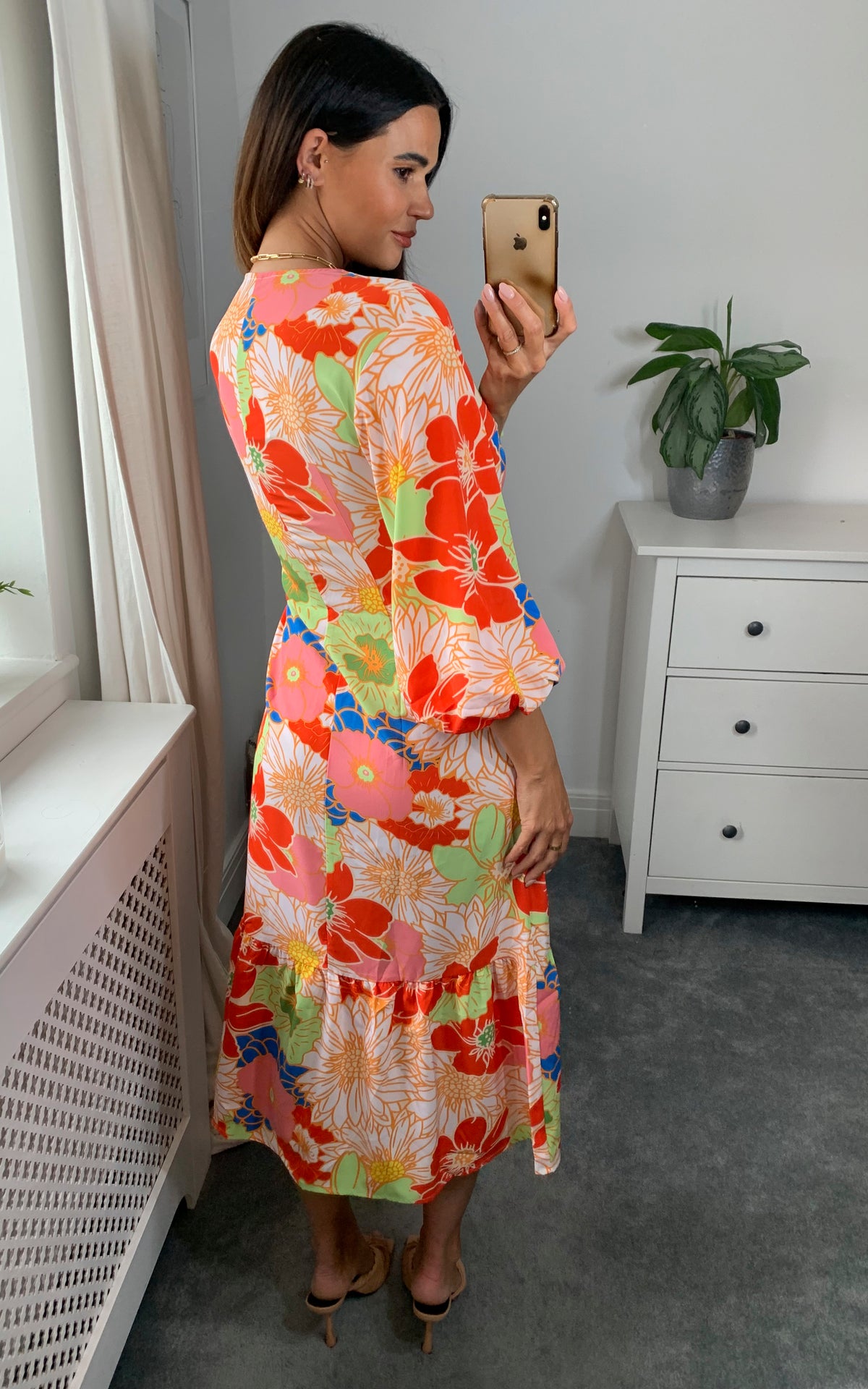 V neck button down multicolour floral midi dress