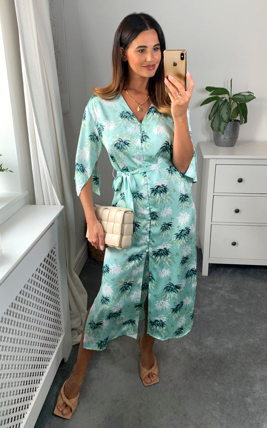 Leaf print long sleeves midi dress with button down and belt fastening in mint green