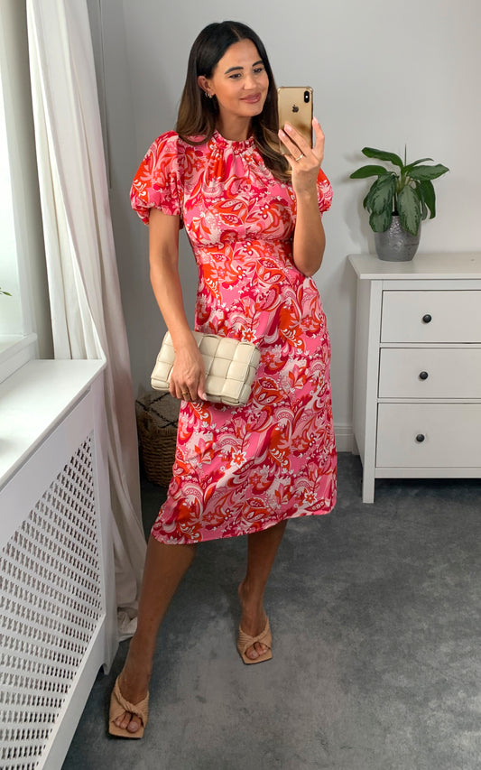 Multicolour floral print midi dress with high neck and frill detail in red and pink