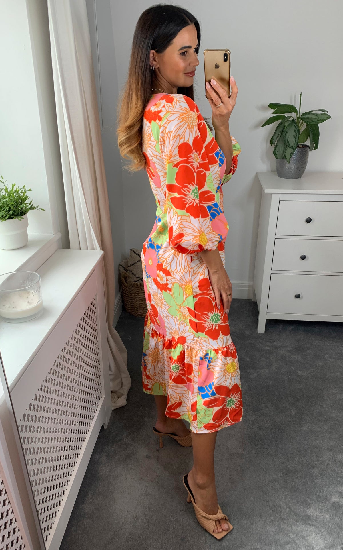 V neck button down multicolour floral midi dress