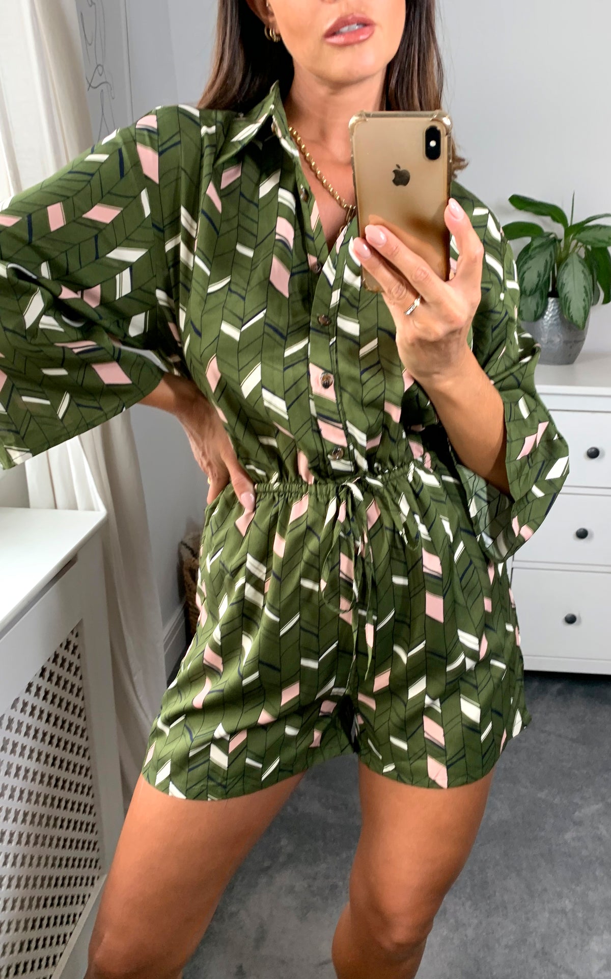 Green print collared playsuit
