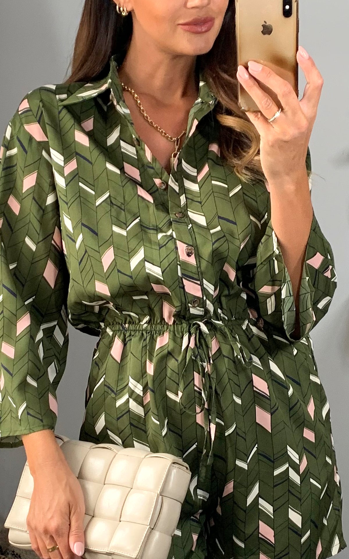 Green print collared playsuit