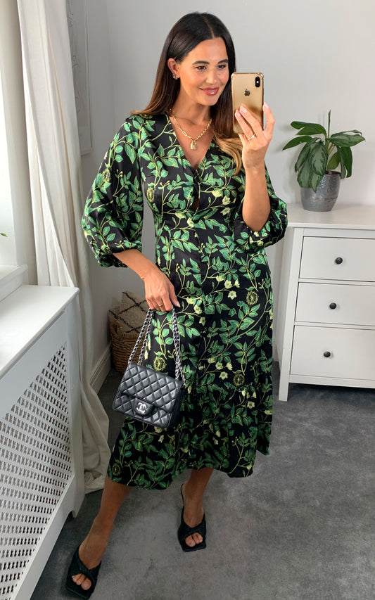 Floral print v-neck button down midi dress in green