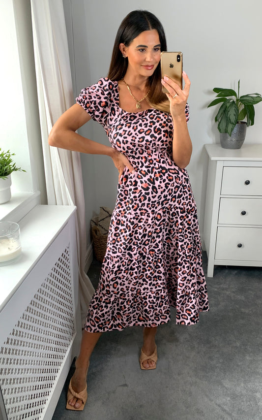 Leopard print square neck midi dress in purple pink