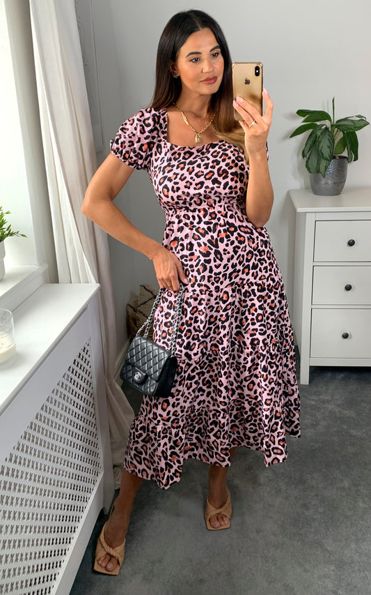 Leopard print square neck midi dress in purple pink