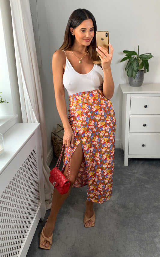 Multicolour floral print midi wrap skirt with belt fastening