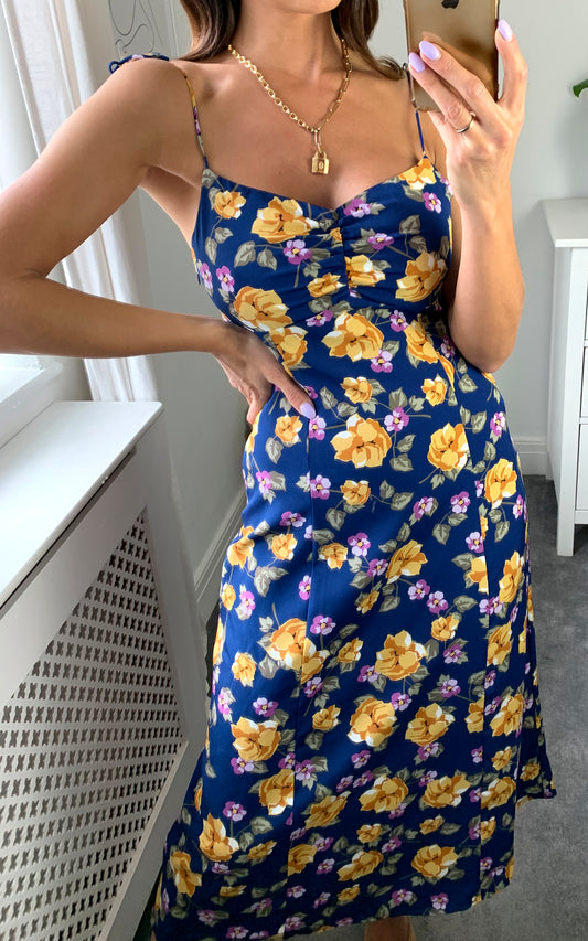 Shoulder tie straps cami midi dress in multicolour floral print
