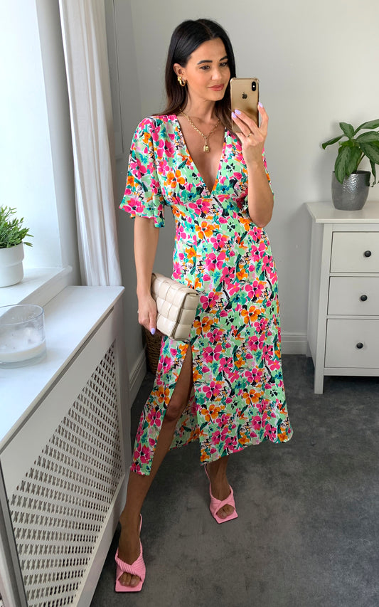 V-neck midi dress in multicolour floral print