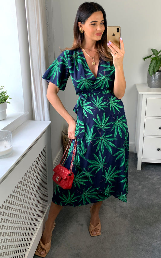 Green leaf print midi wrap dress in navy