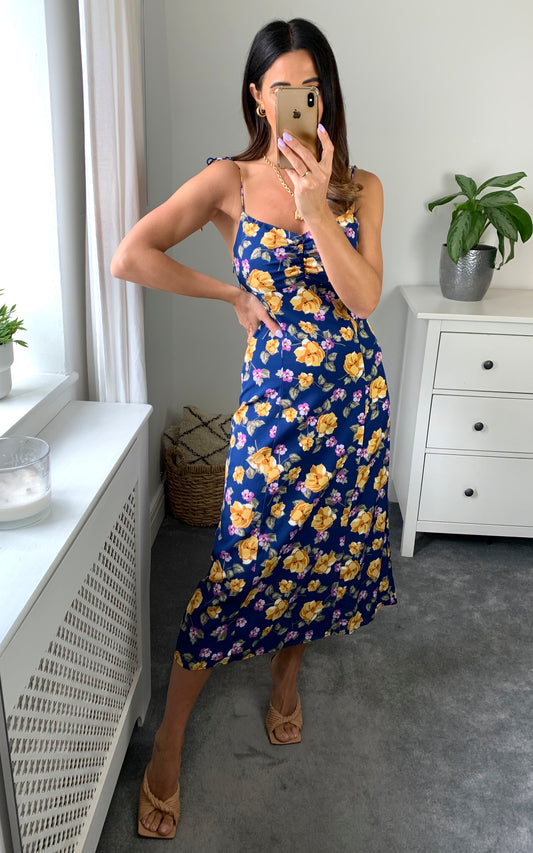 Shoulder tie straps cami midi dress in multicolour floral print