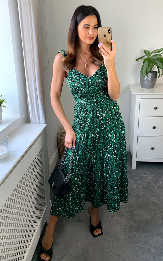 Cami tiered maxi dress in green/black leopard print