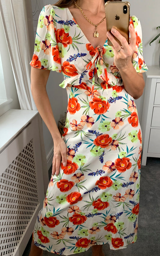 V-neck maxi dress with frill detail in multicolour floral print