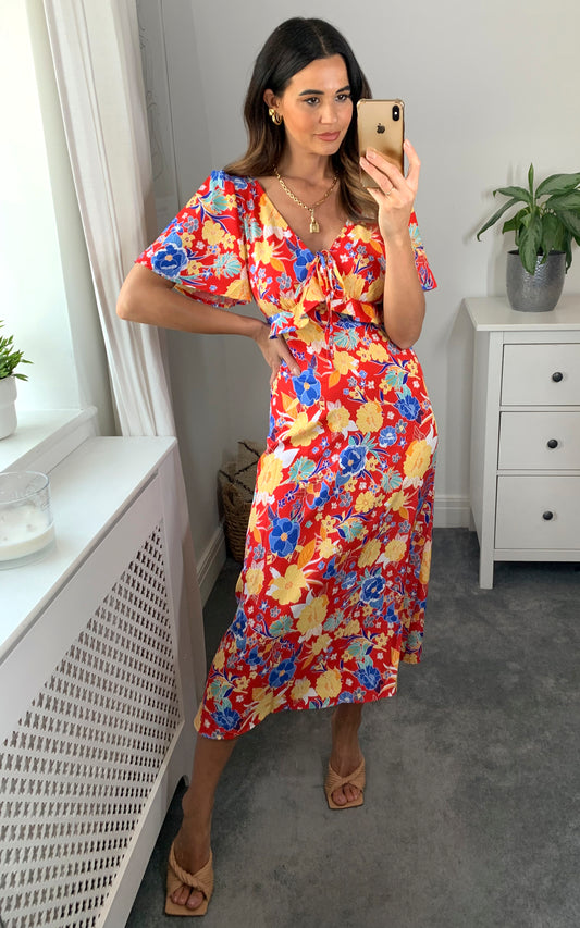 Red V-neck maxi dress with frill detail in multicolour floral print