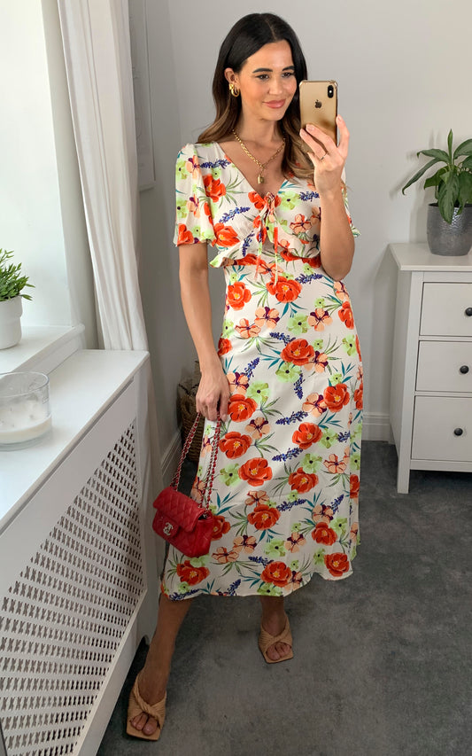 V-neck maxi dress with frill detail in multicolour floral print