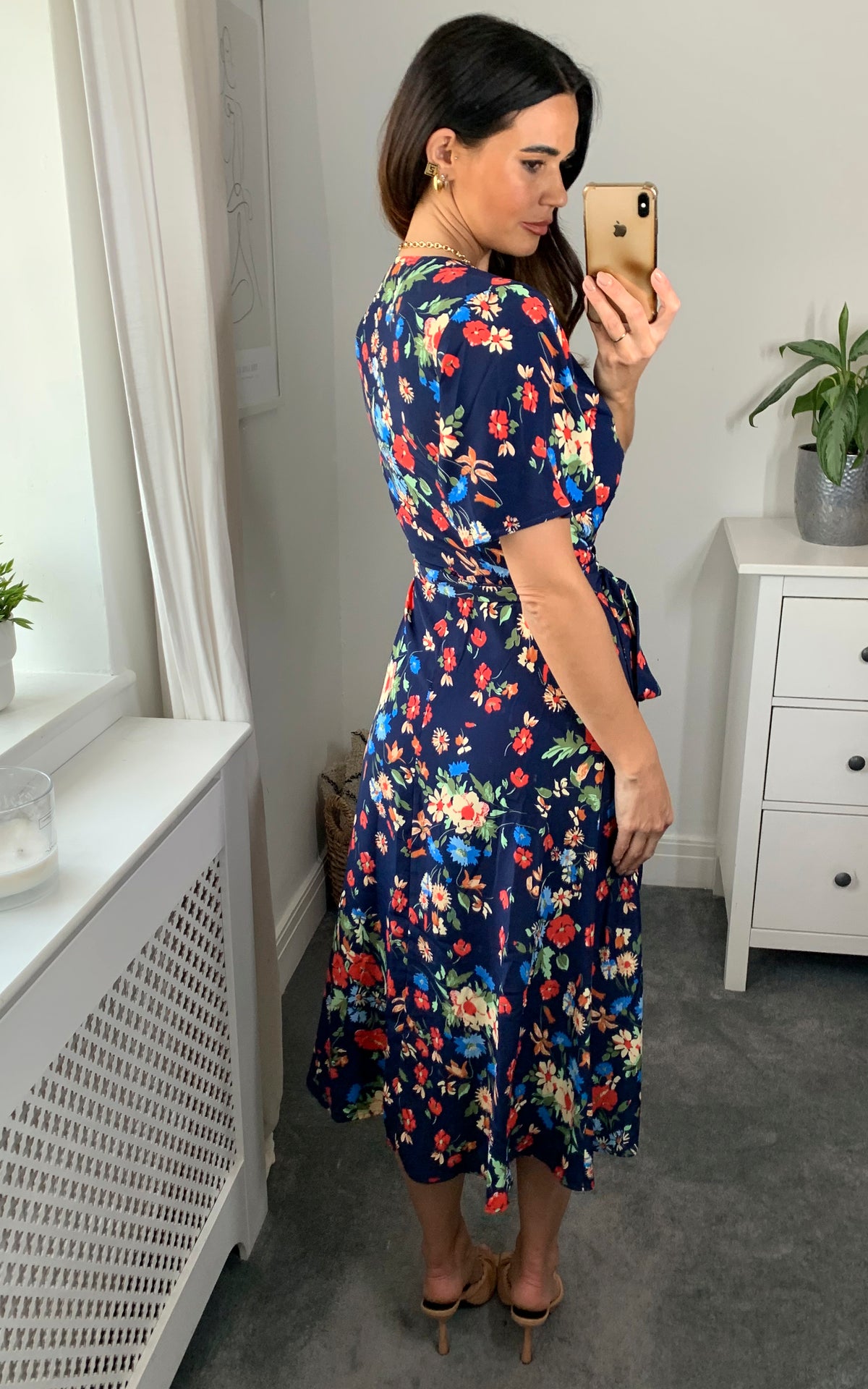 Multicolour floral print wrap dress with belt fastening in navy