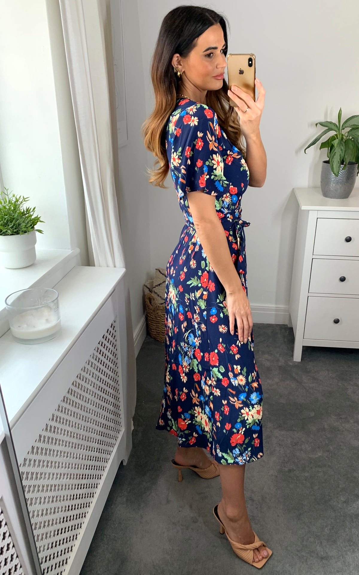 Multicolour floral print wrap dress with belt fastening in navy
