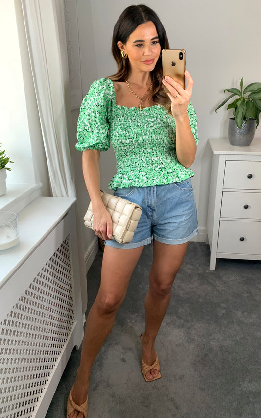 Green floral bardot top with frill detail