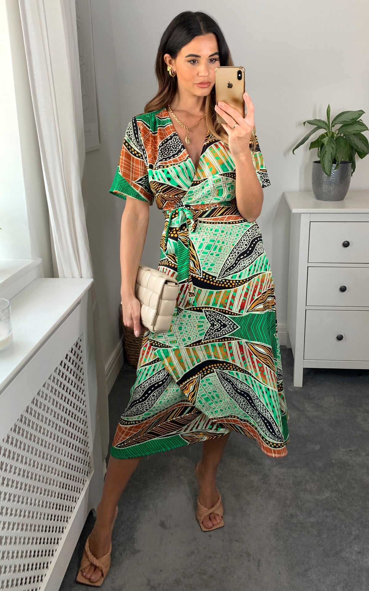 Multicolour abstract print wrap dress with short sleeves and belt fastening