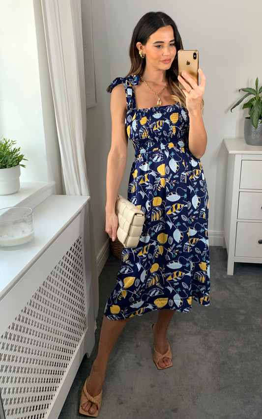 Bardot print dress with tie bow detail in multicolour