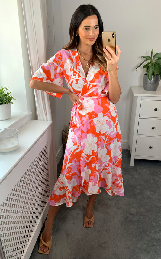 Midi wrap dress in pink, white and orange floral print