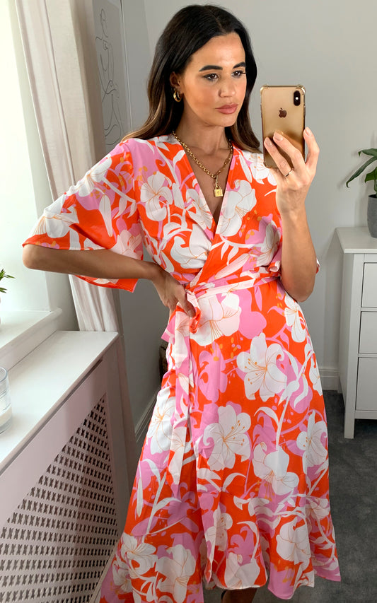 Midi wrap dress in pink, white and orange floral print