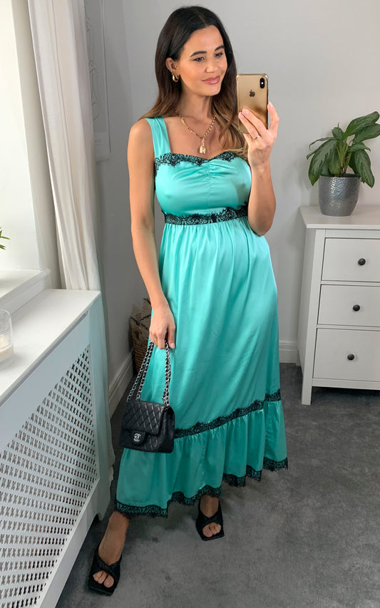Lace detail cami tiered midi dress in turquoise