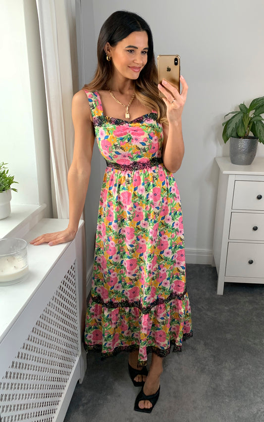 Lace detail cami tiered midi dress with multicolour floral print